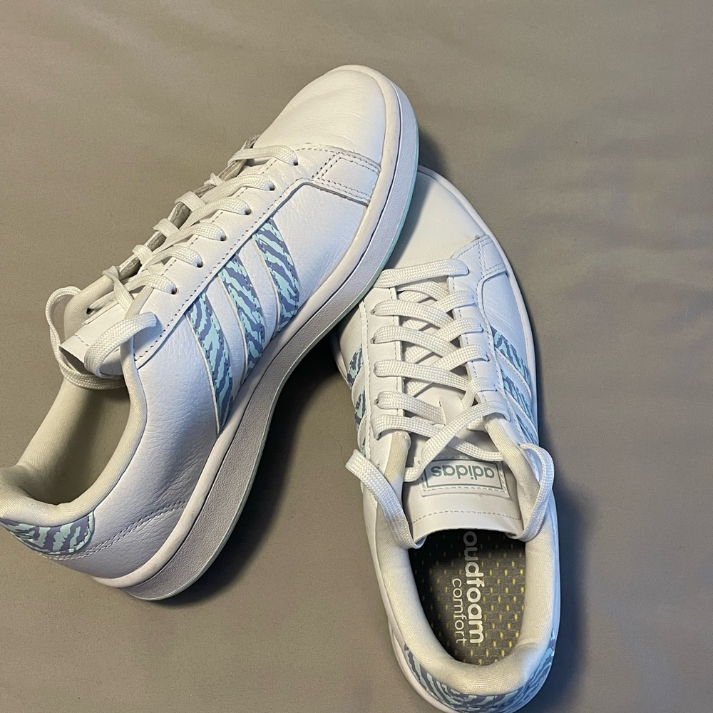 Adidas White and Blue Sneakers with Signature Stripes